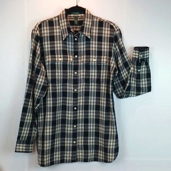 Lauren Ralph Women Lauren black/ white plaid button-down long-sleeve shirt sz M - Picture 1 of 7
